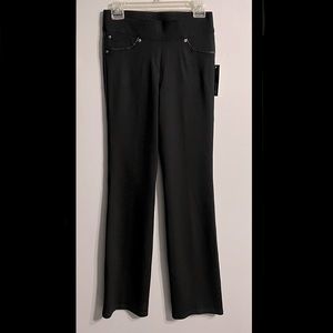 Black pull on stretch dress pants, Bianca Nygard, boot cut, w/faux leather trim